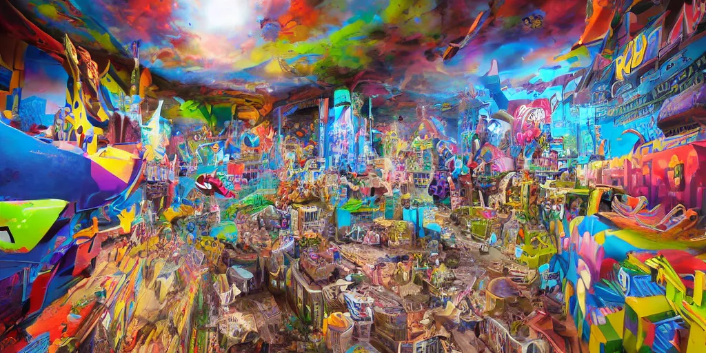 Image similar to cinematic view from inside the realm full of colorful 3 d graffiti, ultra realistic, extremely high definition, highly detailed and intricate masterpiece
