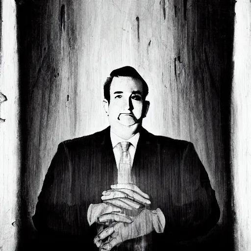 Image similar to Ted Cruz stands alone, the last man on earth, black and white, creepy lighting, scary, horror, ornate, eerie, fear, oil painting