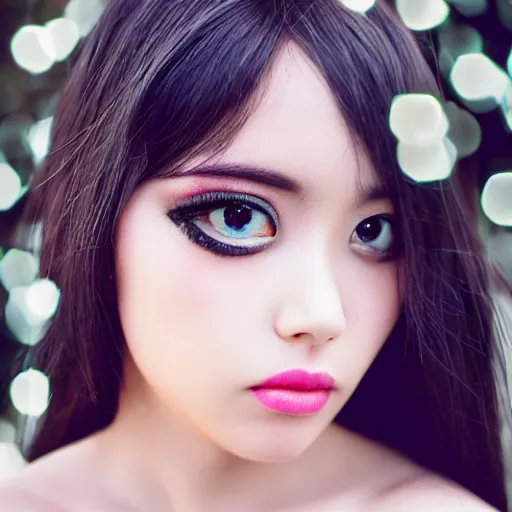Prompt: “ fashion model black hair almond eyes jewelry looking into lens heavy bokeh 7 0 s make up ”