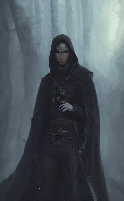 Prompt: Portrait of an elf in a black cloak, black hair, glowing eyes, male, detailed face, fantasy, highly detailed, cinematic lighting, digital art painting by greg rutkowski