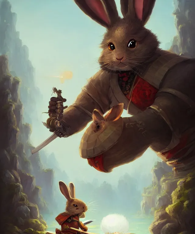 Prompt: a portrait an anthropomorphic rabbit samurai eating dim sum, landscape in background, cute and adorable, dnd character art portrait, well rendered matte fantasy painting, deviantart artstation, by jason felix by steve argyle by tyler jacobson by peter mohrbacher, cinematic lighting