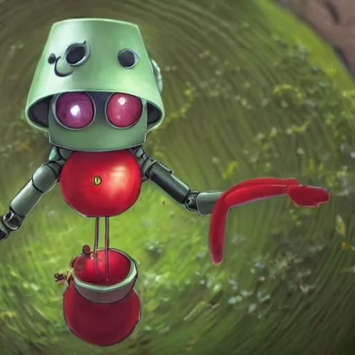 Image similar to photo of a cute robot made of plants wearing tomato hat and a chive sword, made in abyss style