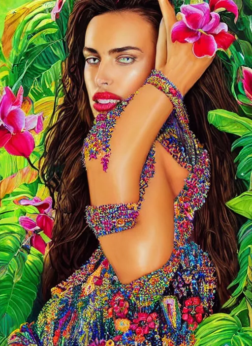 Image similar to beautiful portrait of Irina Shayk wearing fantastic dress in the harper's bazaar magazine ,embellished beaded feather decorative fringe knots ,colorful pigtail,subtropical flowers and plants,perfect symmetrica body shape,symmetrical face,intricate,elegant,highly detailed,8k,post-processing,digital painting,trending on pinterest,concept art, sharp focus, illustration, by artgerm,Tom Bagshaw,Lawrence Alma-Tadema,greg rutkowski,golden ratio