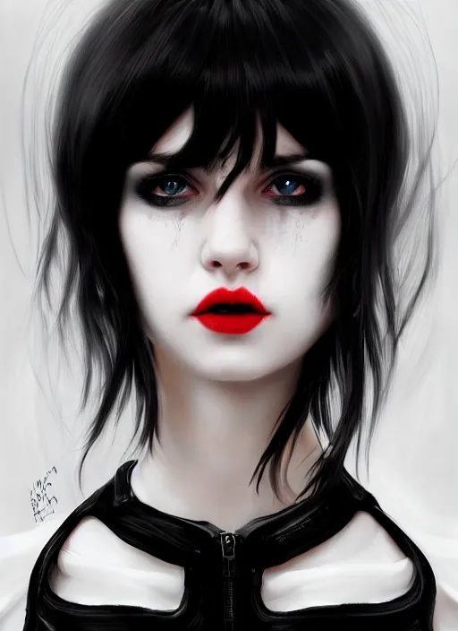 Image similar to portrait of white teenage girl, normal face, black bangs, mall goth, cyberlox, black and white hair, bangs, fluffy bangs, red contacts, intricate, elegant, highly detailed, digital painting, artstation, concept art, sharp focus, smooth, illustration, art by wlop, mars ravelo and greg rutkowski