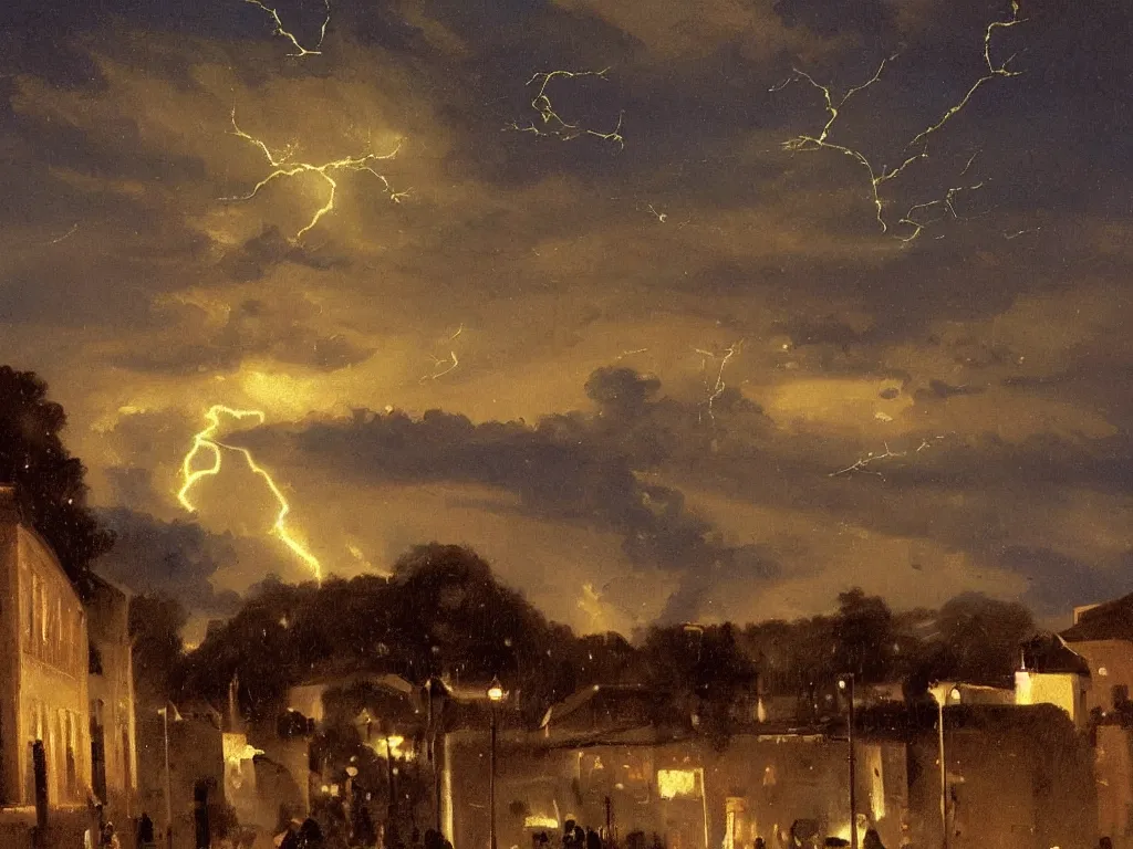 Image similar to a weird painting of a a lightning storm over a small town at night by john philip falter, camille corot, concept art, artstation