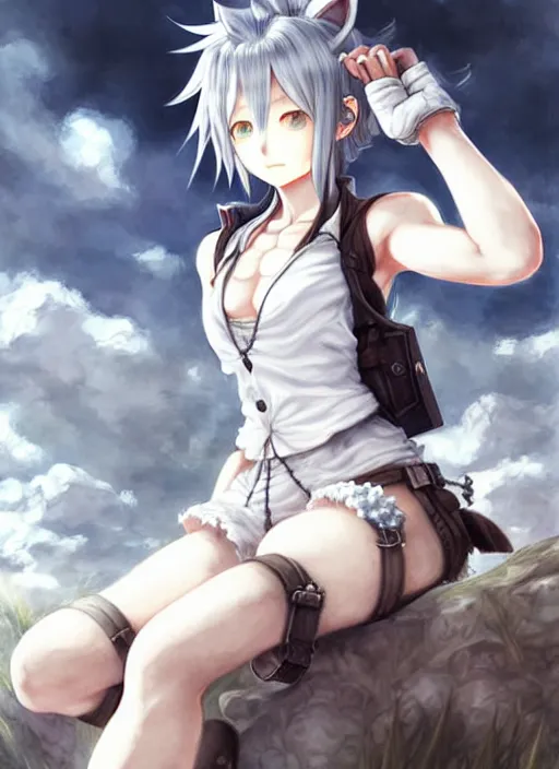 Image similar to a portrait of nekomimi wearing white vest, and shorts an ultrafine detailed painting, detailed painting, detailed eyes!!, final fantasy octopath traveler lovecraft cosmc horror