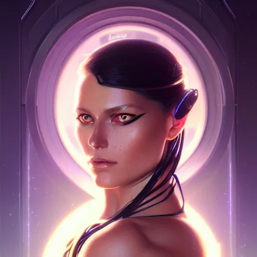 Image similar to futuristic woman portrait, sci-fi, amber eyes, face, long hair, fantasy, intricate, elegant, highly detailed, digital painting, artstation, concept art, smooth, sharp focus, illustration, art by artgerm and greg rutkowski and alphonse mucha