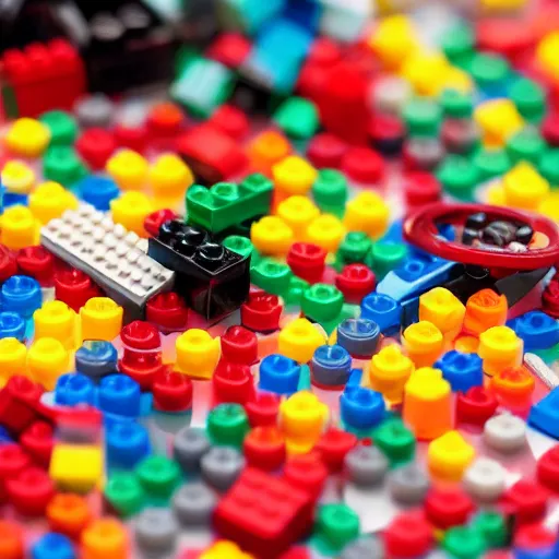 Image similar to parts of dismembered lego minifigure scattered along table, blood, guts