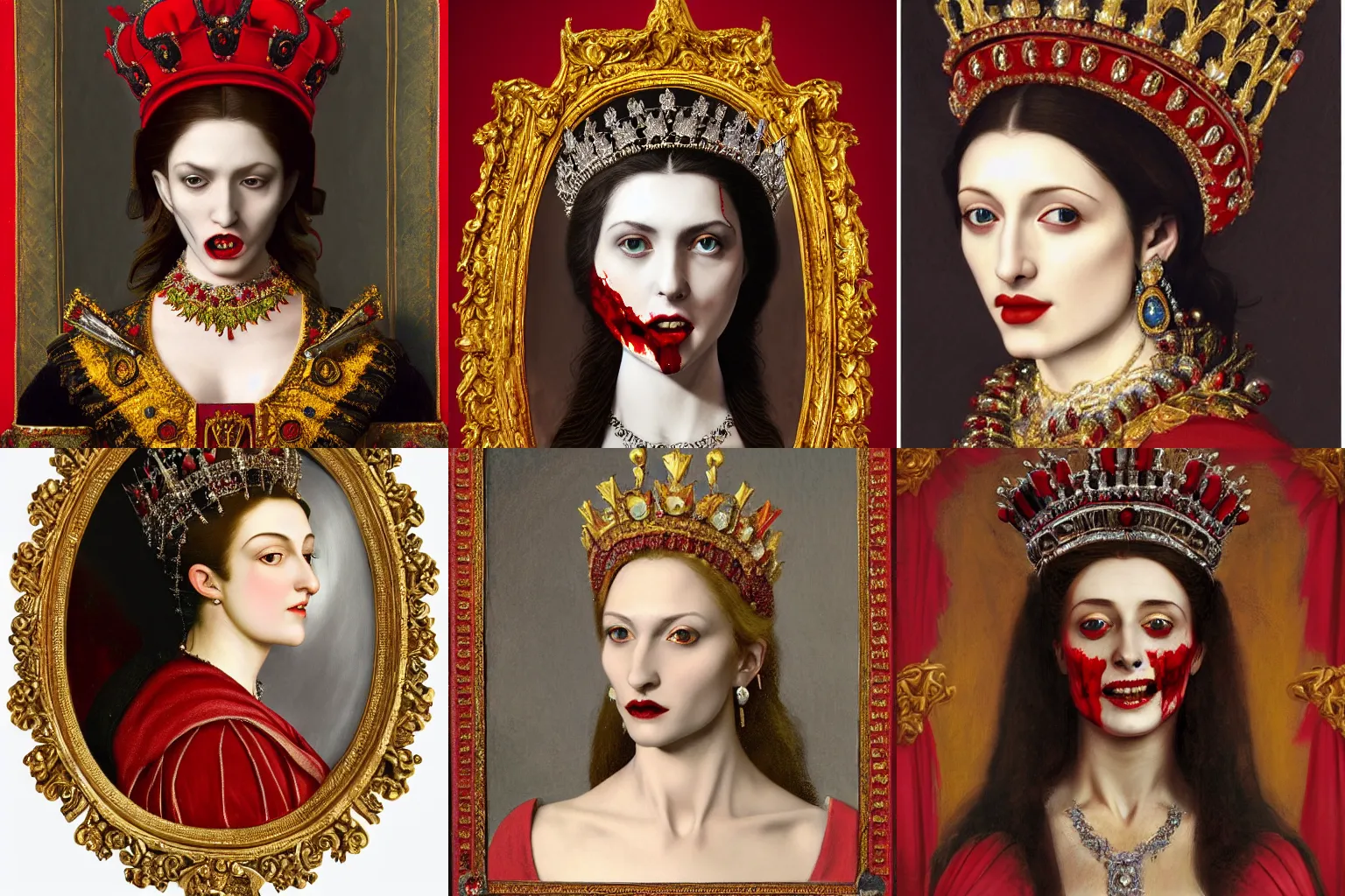 Prompt: A extremely highly detailed majestic hi-res beautiful immaculate head and shoulders painting of a beautiful bloody vampire woman with fangs wearing a long royal red silk dress, the crown jewels is on her head and around her neck is a ornate golden necklace decorated with diamonds and rupees by Michelangelo Merisi da Caravaggio, high detail, hyperrealistic, photorealistic, octante render, cinematic, high textures, royaltly, royal, hyper sharp, 4k insanely detailed and intricate, hypermaximalist, 8k, hyper realistic, super detailed, 4k HDR hyper realistic high,