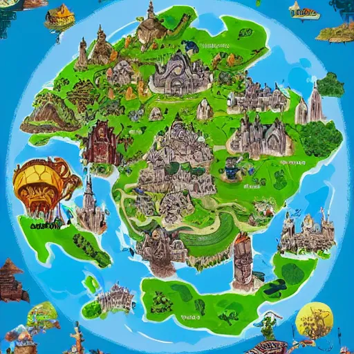 Image similar to google maps satellite image of a magical discworld with many continents like a pokemon sword and shield map.