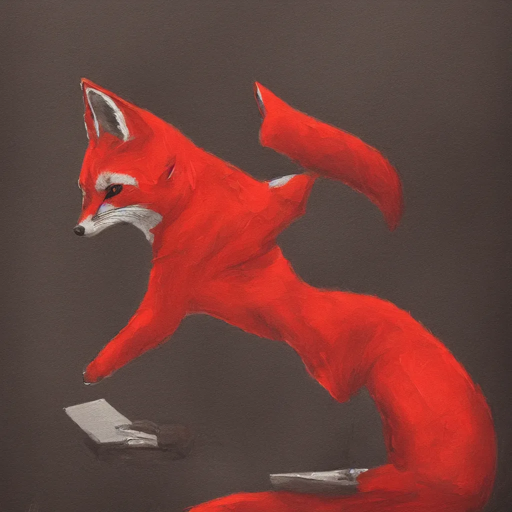 Prompt: a red fox in a hoodie typing on a keyboard, dark tones, concept art, stroke painting, highly detailed