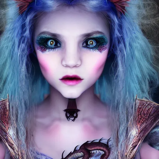 Image similar to The dragon girl portrait, portrait of young girl half dragon half human, dragon girl, dragon skin, dragon eyes, dragon crown, blue hair, long hair, highly detailed, cinematic lighting, by Tim Burton