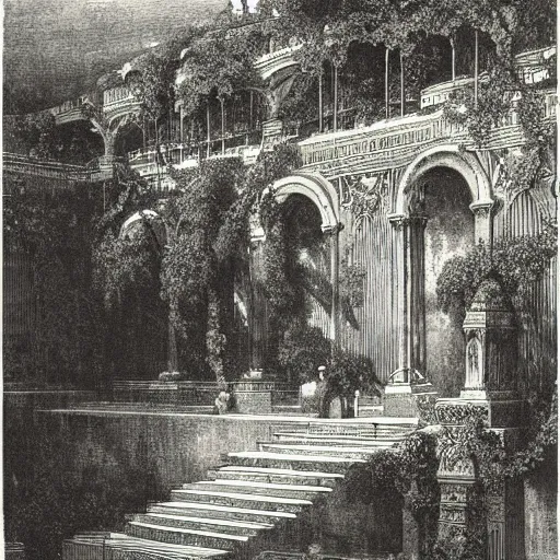 Image similar to the hanging gardens of babylon, gustave dore lithography