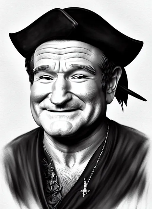 Prompt: robin williams as a pirate wearing black. parrot on his shoulder, on a pirate ship natural lighting, path traced, highly detailed, high quality, digital painting, by don bluth and ross tran and studio ghibli and alphonse mucha, artgerm