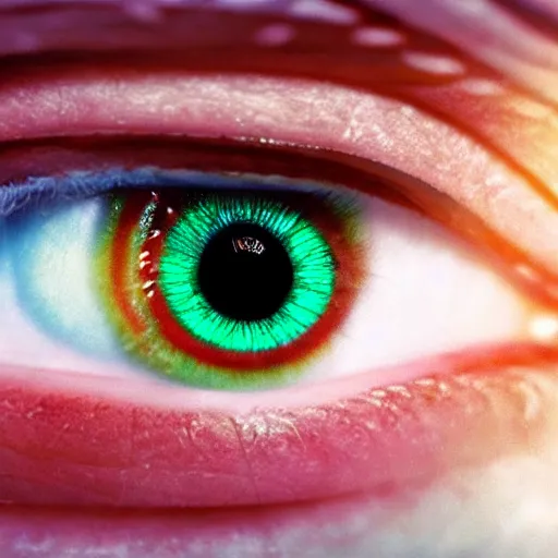 Image similar to (((((((( film still of a human eye in rainbow rue : realistic skin, realistic eye lashes : 8K UHD !!!!!!