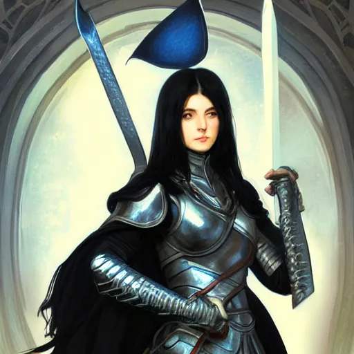 Image similar to portrait, woman dressed in plate armor with black hair and blue eyes wielding a greatsword, elegant, digital illustration, fire magic, detailed, intricate, sharp focus, digital painting, deep focus, digital painting, artstation, concept art, matte, art by artgerm and greg rutkowski and alphonse mucha