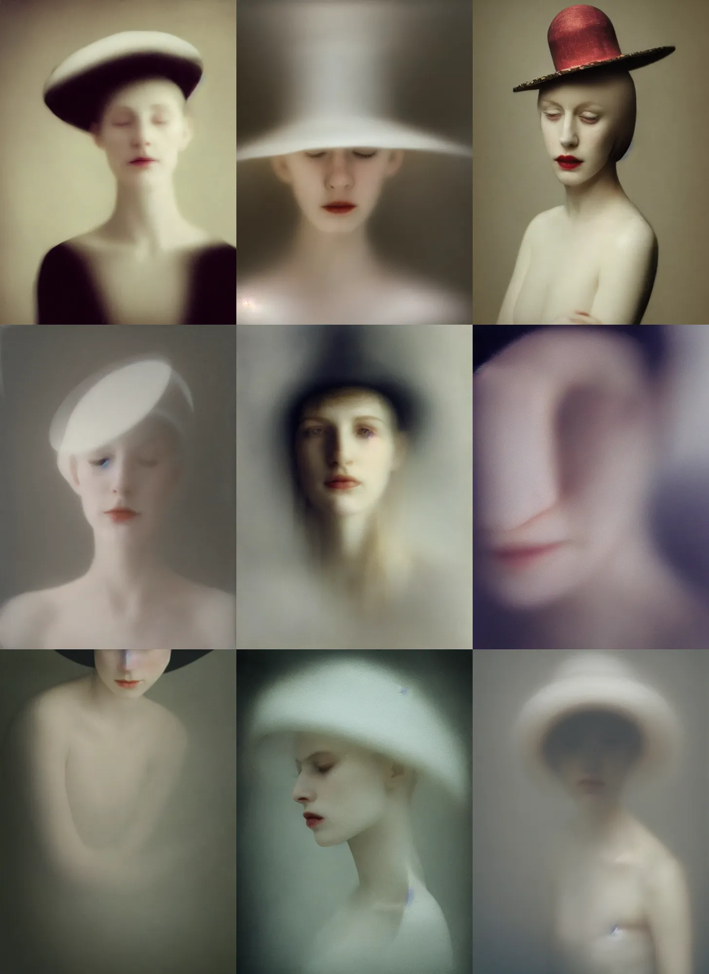 Prompt: out of focus photorealistic portrait of a beautiful pale young woman, very blurry, translucent white skin, closed eyes, foggy, closeup, with a weird hat, by sarah moon