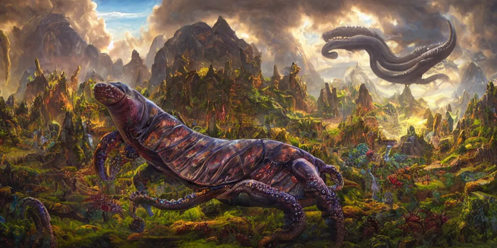 Image similar to fantasy oil painting, great leviathan, cybernetic turtle cephalopod terrapin reptilian pachyderm squid, bella hadid, hybrid, milla jovovich, anubis, epic natural light, lush plants flowers, spectacular mountains, bright clouds, luminous sky, outer worlds, golden hour, michael cheval, edward hopper, michael whelan, vray, hd