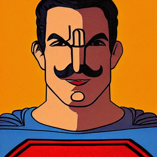 Prompt: portrait of luigi as superman, limited neutral palette, beautiful graphics, full body portrait, propaganda poster art, 1 9 7 0 s illustrated advertising art by petros afshar, anton fadeev, dean ellis, painterly character design