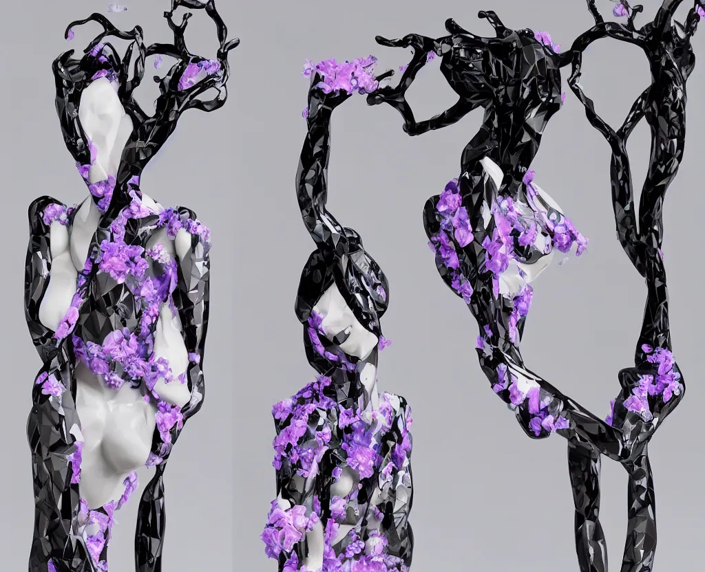 Image similar to beautiful mannequin sculpted out of onyx by billelis + lit with geometric neon printed lavender kintsugi + doorway opening to a new dimension with geometric fractal vaporwave light + flowering bonsai trees!!!!, transcendent, clean linework, dramatic, moody, finely detailed, 4 k, trending on artstation, award winning, photorealistic, volumetric lighting, octane render