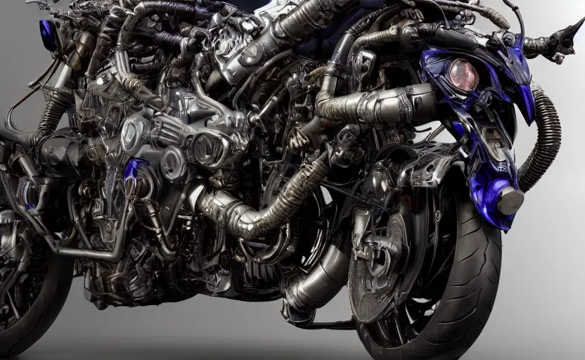 Image similar to Cyberpunk yamaha motorcycle, hyperrealistic mixed media, stunning 3d render inspired art by P. Craig Russell and Barry Windsor-Smith + perfect facial symmetry + dim volumetric lighting, 8k octane beautifully detailed render, post-processing, extremely hyperdetailed, intricate futuristic mechanic parts, epic composition, grim yet sparkling atmosphere, cinematic lighting + masterpiece, trending on artstation