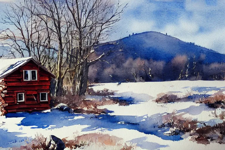 Prompt: watercolor painting of cabin by rocky hill, reflective, stone walls, winter, sunlight, morning, ambient lighting, art by hans dahl