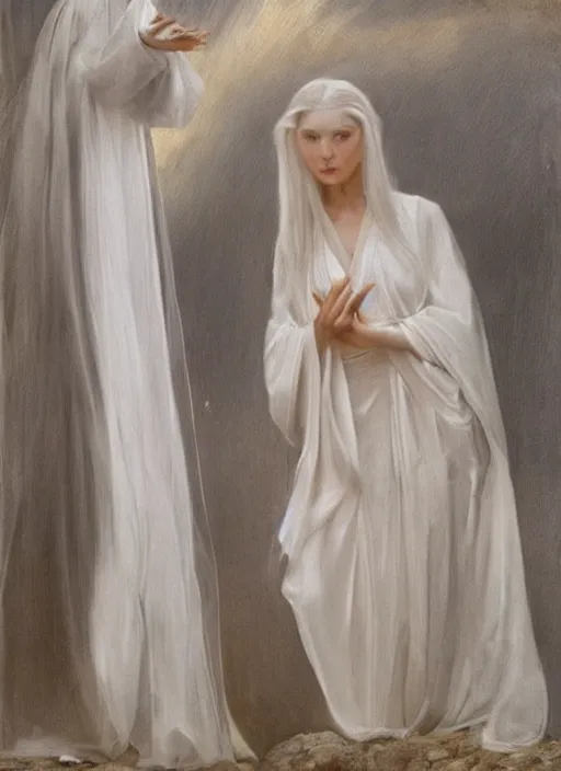 Prompt: single thin angel with silver hair so pale and wan!, thin!, wearing robes, covered in robes, lone pale wan feminine goddess, wearing silver robes, flowing hair, pale skin, young cute face, covered!!, clothed! oil on canvas, style of lucien levy - dhurmer and jean deville, 4 k resolution, aesthetic!, mystery