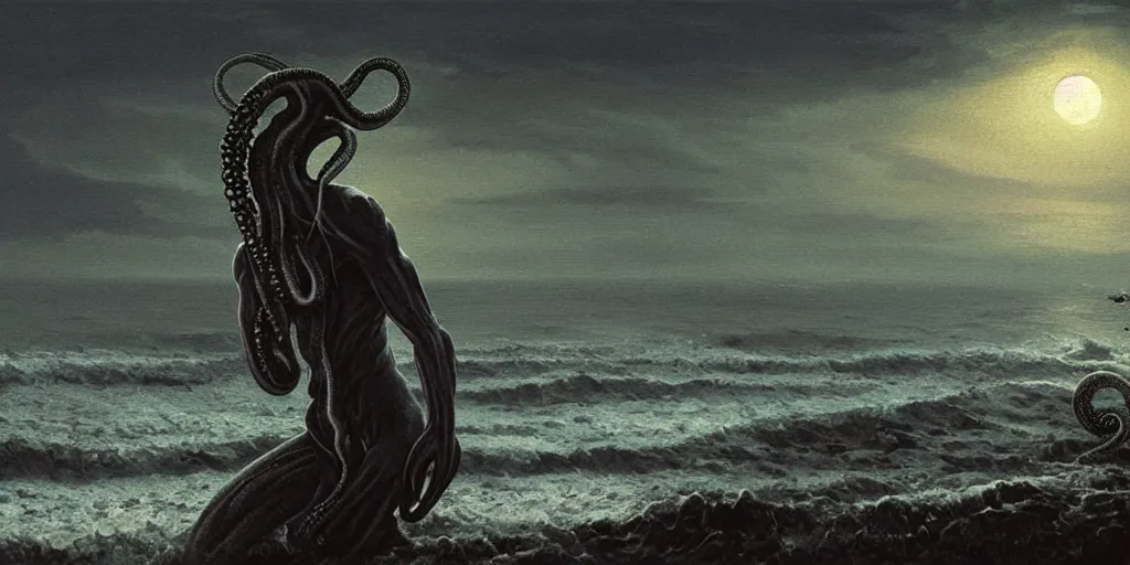 Image similar to landscape view on an old fishing village at night, a humanoid tentacled creature emerging from the ocean, night colors, high - key lighting, beautiful composition, intricate, gradient from green to black, pro photography by, highly detailed, digital painting, art by artgerm and greg rutkowski and alphonse mucha, smooth, sharp focus illustration