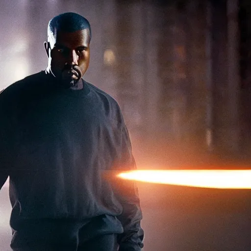 Image similar to Movie still of Kanye West as the Punisher, splash art, movie still, cinematic lighting, dramatic, octane render, long lens, shallow depth of field, bokeh, anamorphic lens flare, 8k, hyper detailed, 35mm film grain