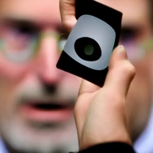 Prompt: Steve Jobs demos failed product iEyepatch (2007) HDR Getty