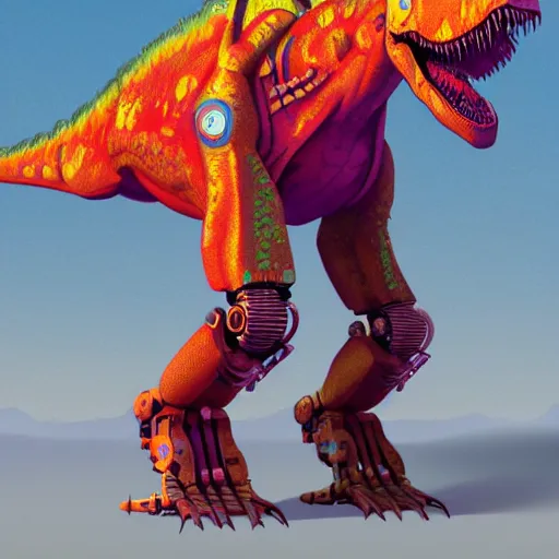 Prompt: a character art rendering of a brightly colored robot T-rex made of mechanical parts, cartoonish psychedelic paleoart rendering, realistic dinosaur cyborg in the style of greg rutkowski and simon stålenhag, made with zbrush