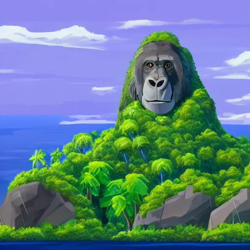 Image similar to painting of a small jungle island viewed from afar with a large rock formation in the shape of a gorillas head taking up the majority of the island, trending on artstation