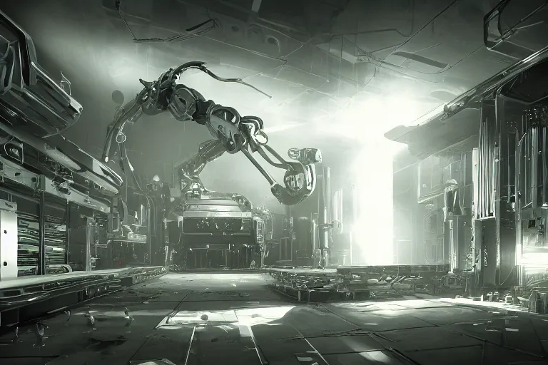 Image similar to robosaurus parallax datacenter server room interior single mono colossus white rusty robot sitting artstation cinematic detailed concept art volumetric light sharp coherent cgsociety symmetric perfect well balanced shadows lotr servers