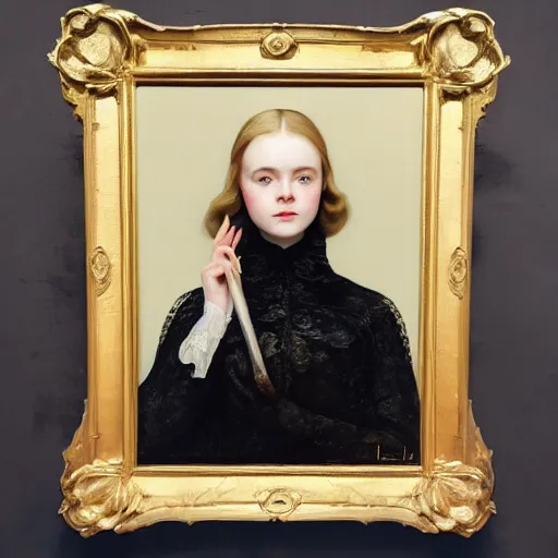 Image similar to Elle Fanning in a black coat, religious masterpiece portrait, oil on canvas, dark stormy night, the only light is from a lit torch, in the world of Andrew Wyeth and Bloodborne, artstation, by J. C. Leyendecker and Peter Paul Rubens,