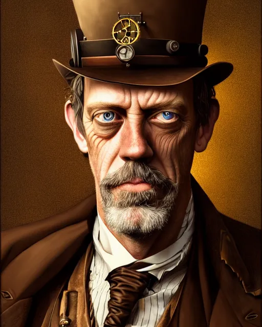 Image similar to steampunk portrait of hugh laurie, au naturel, hyper detailed, digital art, trending in artstation, cinematic lighting, studio quality, smooth render, unreal engine 5 rendered, octane rendered, art style by klimt and nixeu and ian sprigger and wlop and krenz cushart.