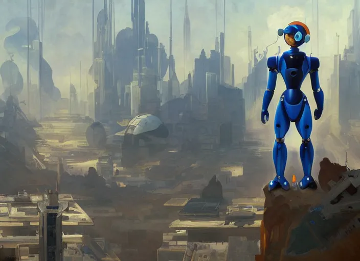 Prompt: megaman x still robotic man look at the cityscape from roof blue futuristic sci - fi elegant by denis villeneuve tom anders zorn hans dragan bibin thoma greg rutkowski ismail inceoglu illustrated sand storm alphonse mucha