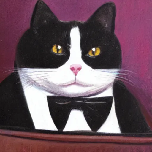 Prompt: a very fat and judgmental cat wearing a full tuxedo sitting in a dimly lit parlor lounge, realistic photograph!