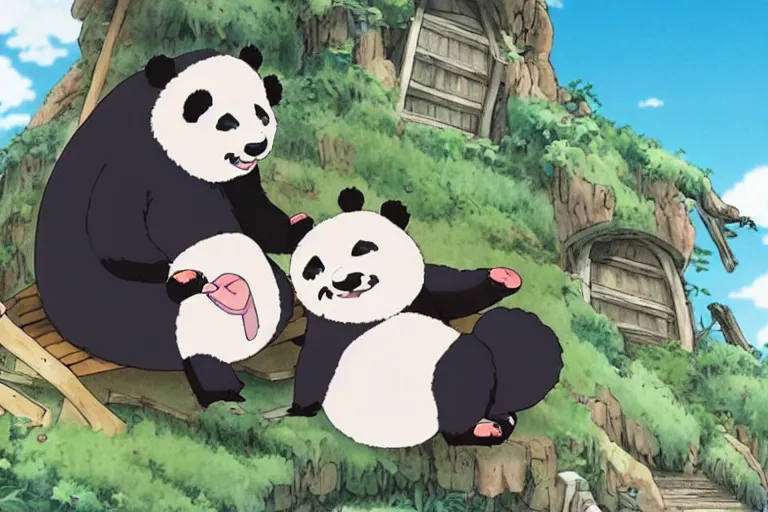 Image similar to studio ghibli anime film ham panda, about a girl and her best panda friend working at a deli, miyazaki movie