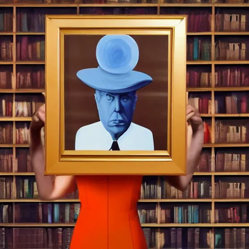 Prompt: a girl holding a sign in front of a bookshelf, a character portrait by rene magritte, trending on deviantart, context art, official art, academic art, ar