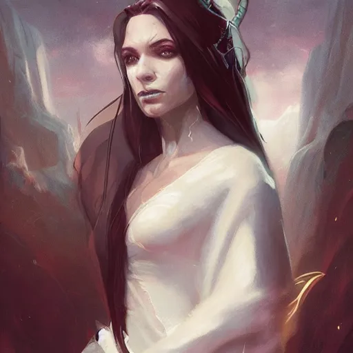 Prompt: A portrait of a female tiefling sorceress wearing a white robe, Magic the Gathering art, art by greg rutkowski, matte painting, trending on artstation, very detailed