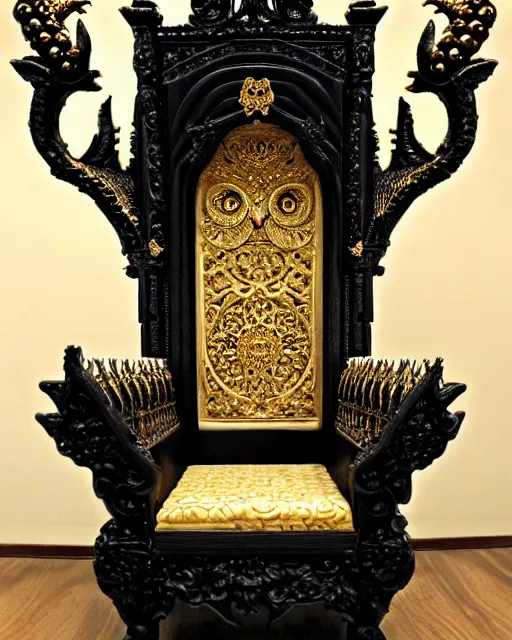 Image similar to royal ornate black ebony throne of realistic detailed owl sanctuary stronghold fortress with golden filigree carved out of ivory