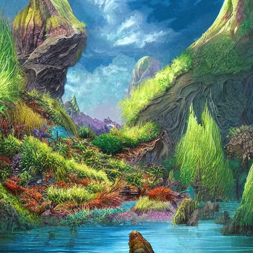 Image similar to fantasy illustration of a lush natural scene on an alien planet by brian millar. detailed. beautiful landscape. colourful weird vegetation. cliffs and water.