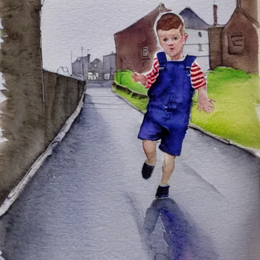 Prompt: young boy in dungarees running down a street in bellshill in scotland. watercolour