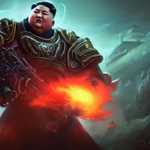 Prompt: kim - jong un as a spellcaster, league of legends amazing splashscreen artwork, gears of war, propaganda, sovjet, splash art, natural light, elegant, photorealistic facial features, intricate, fantasy, detailed face, atmospheric lighting, anamorphic lens flare, cinematic lighting, league of legends splash art, hd wallpaper, ultra high details by greg rutkowski