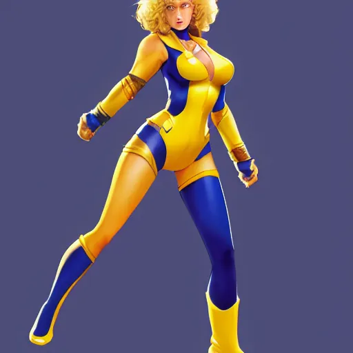 Image similar to character sheet of power girl wearing blue full bodysuit, yellow Jacket, blue backpack and yellow boots by Stanley Artgerm Lau, WLOP, Rossdraws, James Jean, Andrei Riabovitchev, Marc Simonetti, Yoshitaka Amano, ArtStation, CGSociety