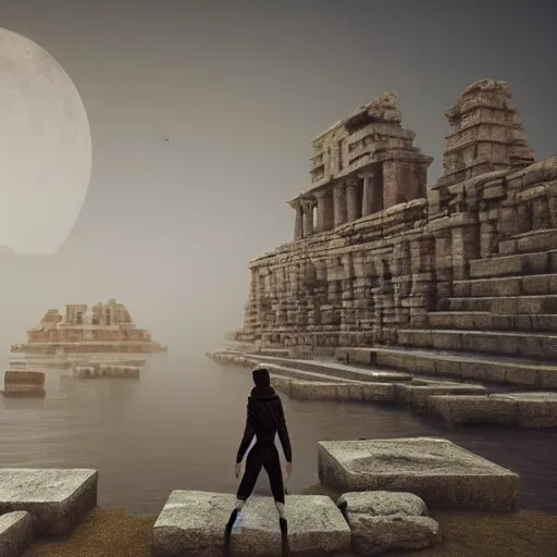 Image similar to high - tech space cult woman with hoodie looking at floating islands while standing on ruins of ancient temple, foggy of a ancient temple in temple dramatic lighting, epic, octane render, volumetric light, unreal engine, artbreeder, 8 k, background, scene