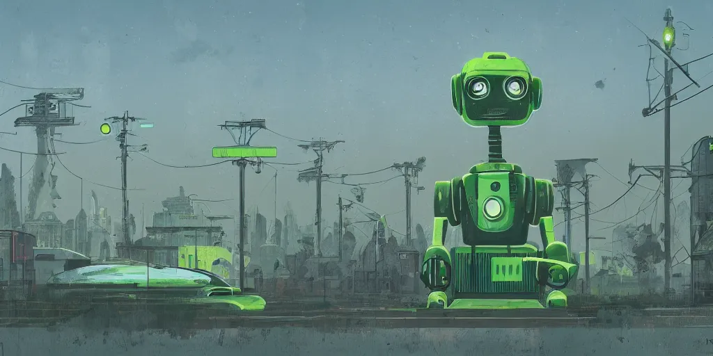 Image similar to retrofuturistic robot in panel post soviet city landscape in style of Simon Stalenhag, green colour scheme