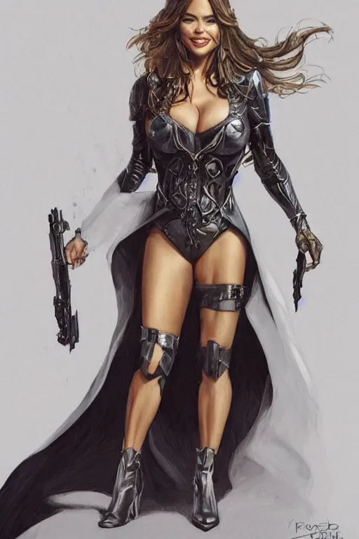 Prompt: Sofia Vergara as a heroine with a dress inspired by knight rider, digital painting, artstation, concept art, smooth, sharp focus, illustration, in-frame, centered, art by artgerm and donato giancola and Joseph Christian Leyendecker, Ross Tran, WLOP