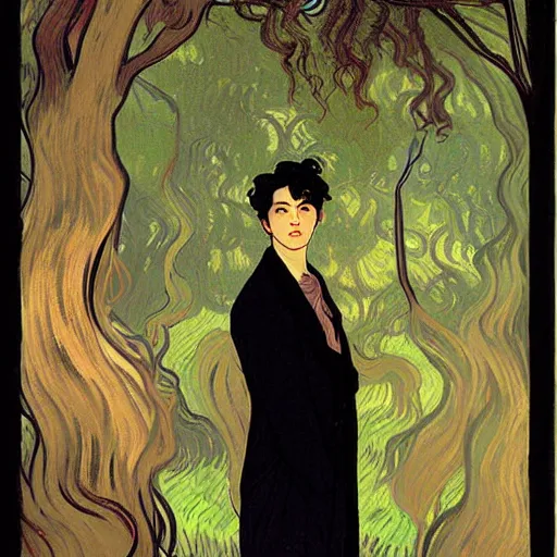 Prompt: painting of young cute handsome beautiful dark medium wavy hair man in his 2 0 s named shadow taehyung and cute handsome beautiful min - jun together at the graveyard party, ghostly, haunted gravestones, ghosts, autumn! colors, pretty, elegant, wearing suits!, clothes!, delicate facial features, art by alphonse mucha, vincent van gogh, egon schiele