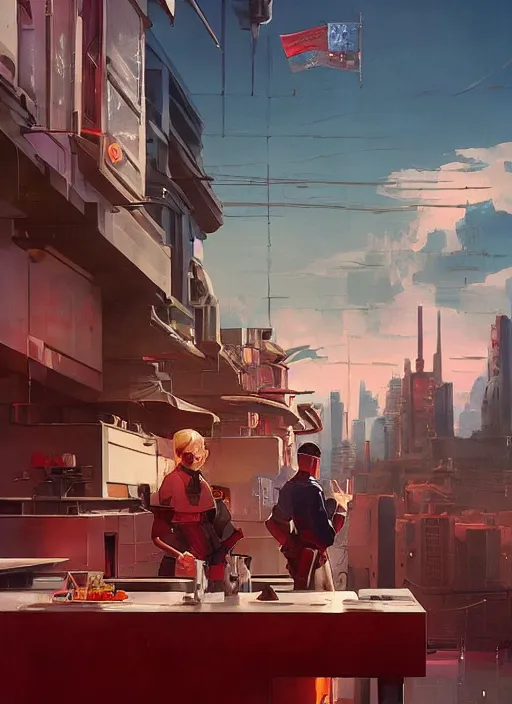 Prompt: futuristic city on the edge of steel kitchen sink red propaganda flags by ross tran, thierry doizon, craig mullins, ilya kuvshinov, artgerm, edward hopper, dan mumford, wlop, rutkovsky, carl spitzweg, moebius, unreal engine 5, lumen, nanite